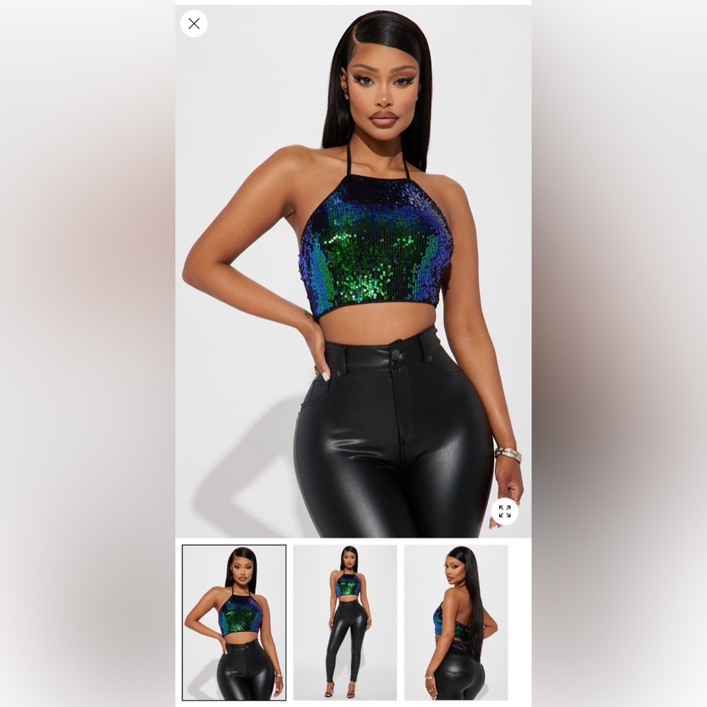 Green & Blue Sequin Halter Crop Top